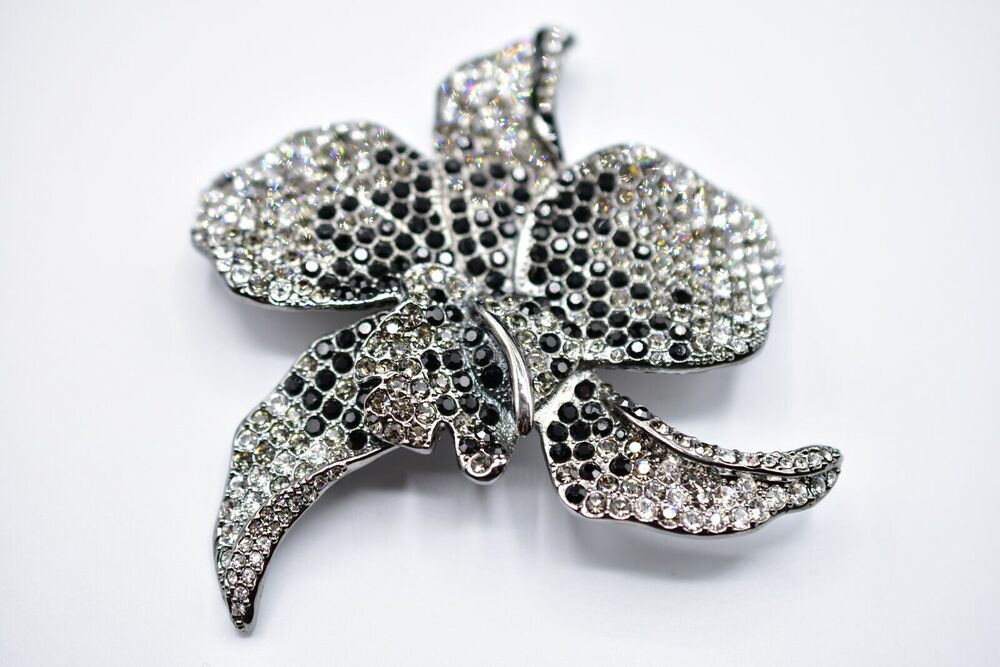 PJM Vintage 4" Flower Pin Brooch Rhinestone Crystal Black Gray Signed 1980s Bin5